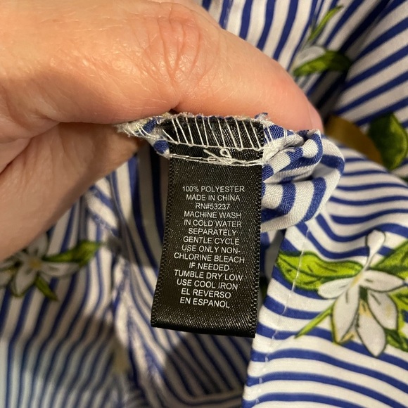 Navy and White Striped Sleeveless Shirt Dress with novelty lemon print. Size S - Picture 4 of 5